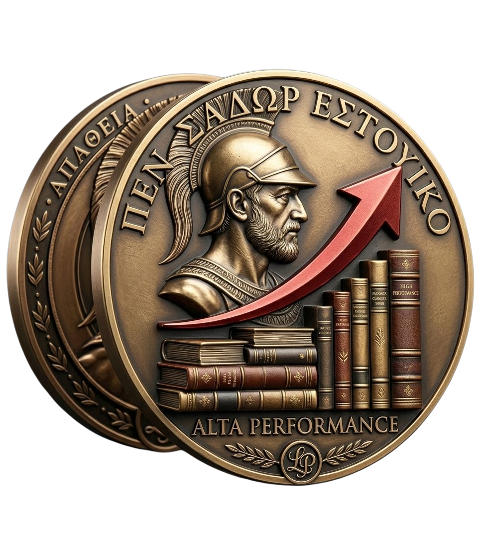 Emblema Pensador Estóico: elmo espartano, livros clássicos e seta de crescimento